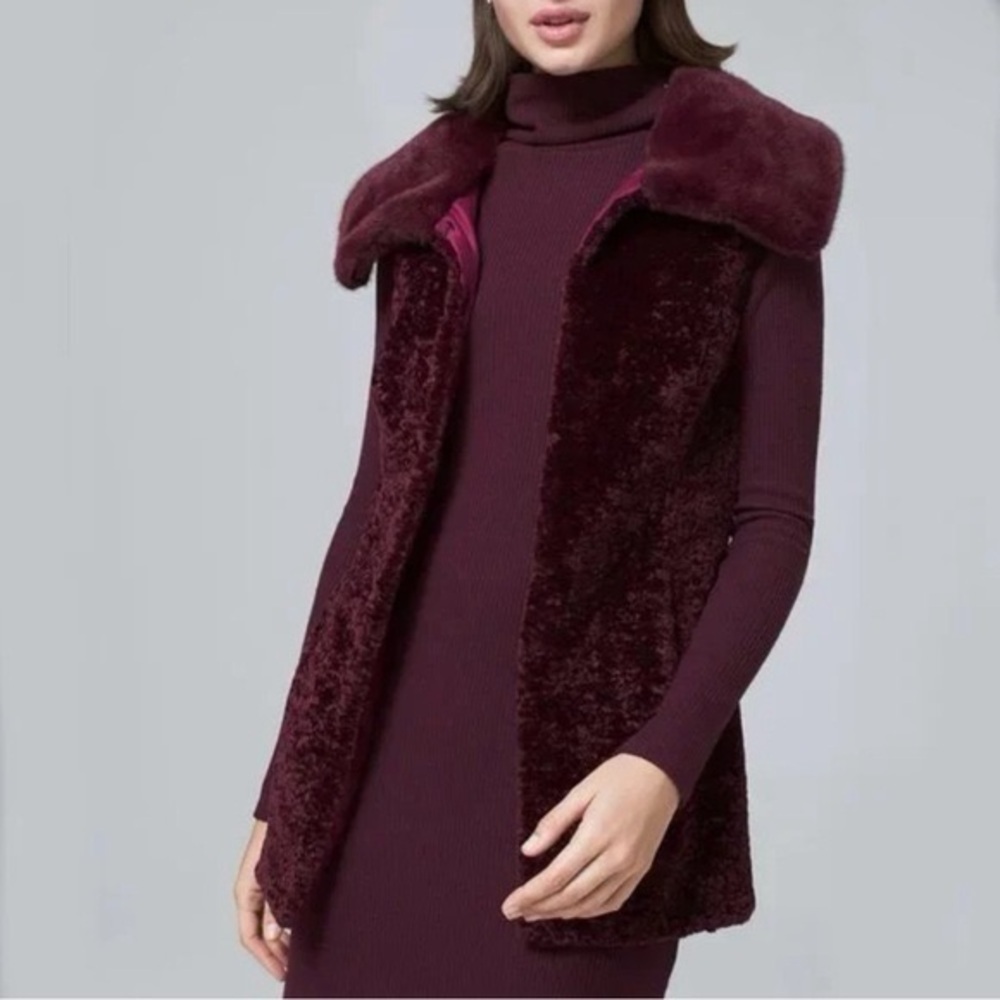 WHBM Textured Faux-Fur Vest Burgundy Cabernet Large quiet luxury elegant